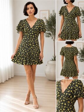 TOPSHOP Black & Yellow Bella Floral V-Neck Tiered Flutter Sleeve Mini Dress XS/S